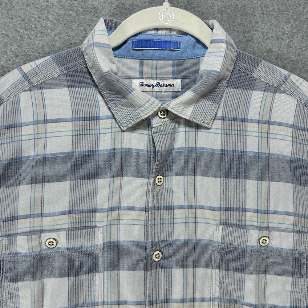 Tommy Bahama Button Down Shirt Mens Large Blue Grey Plaid Coastal Casual